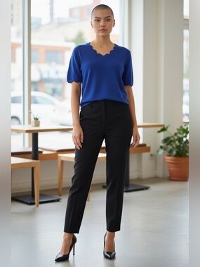 Cable & Gauge, Blue Scalloped Top, Soft Knit, XL, Elegant Short Sleeve
